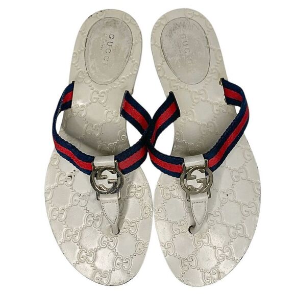 Gucci GG Web Stripe Thong Sandals EU 38.5 US 8.5 White Flip Flop Slide Flat Heel - Picture 1 of 12
